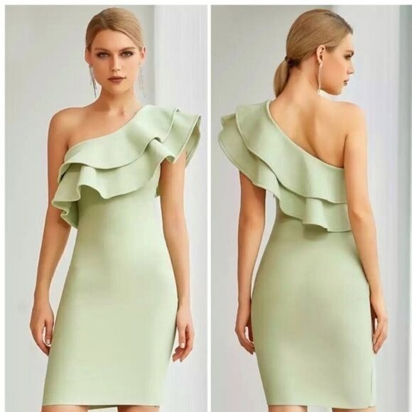One Shoulder Ruffles Mini Bandage Dress Sexy Sleeveless Green - Picture 1 of 7